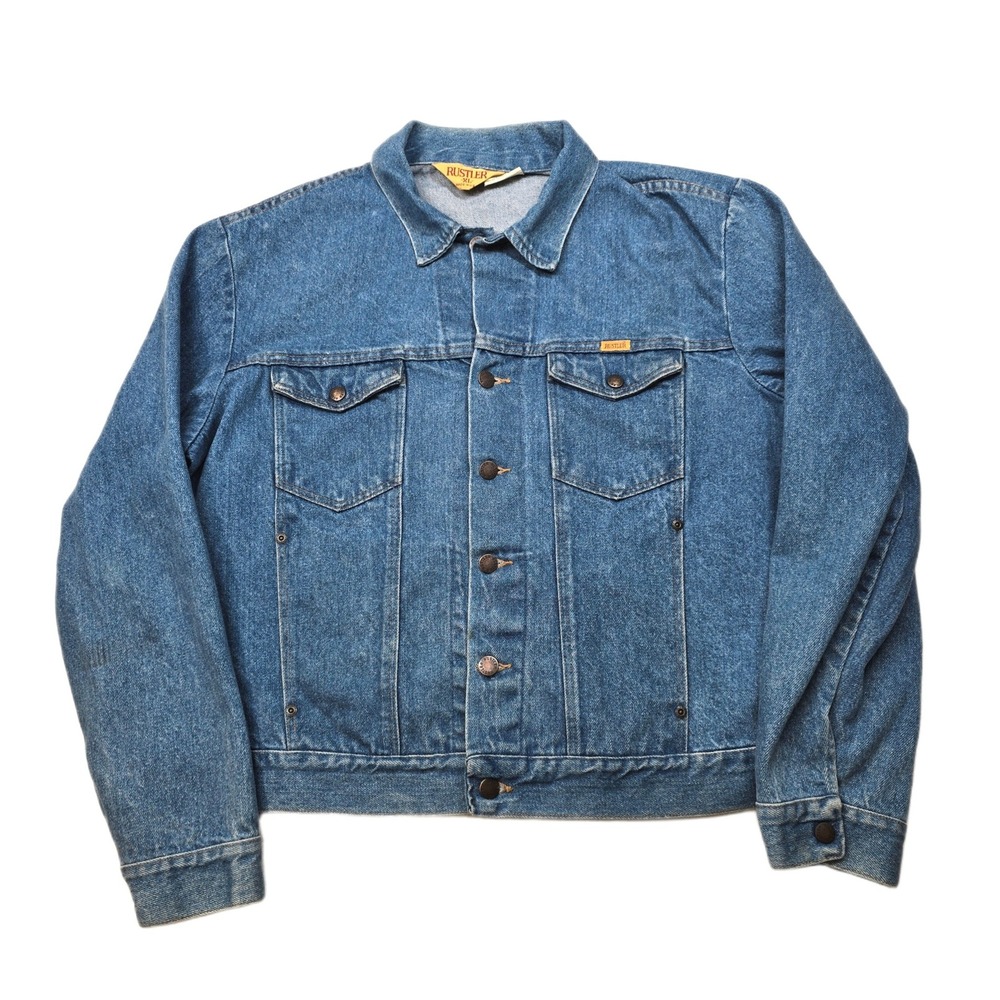 Vintage Rustler Denim Jacket Mens XL Blue Classic Trucker Style Made USA